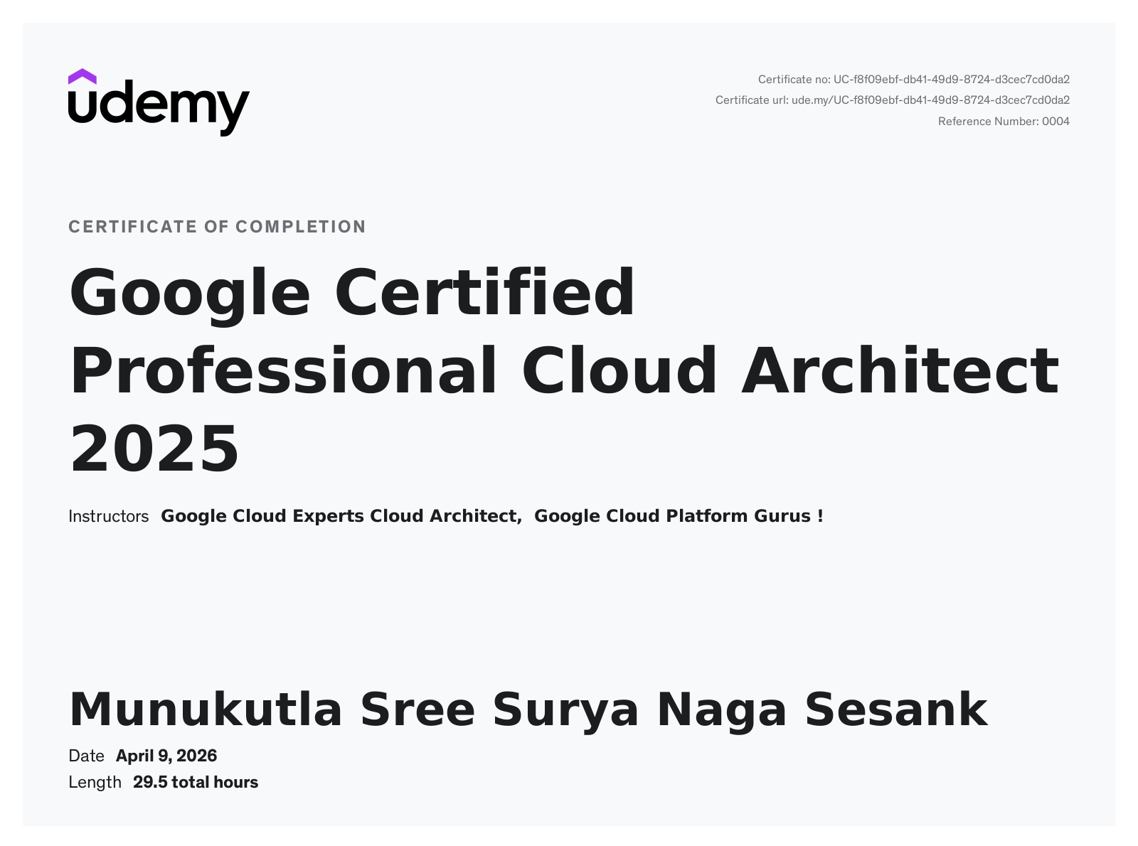 Google Cloud Professional Cloud Architect Training